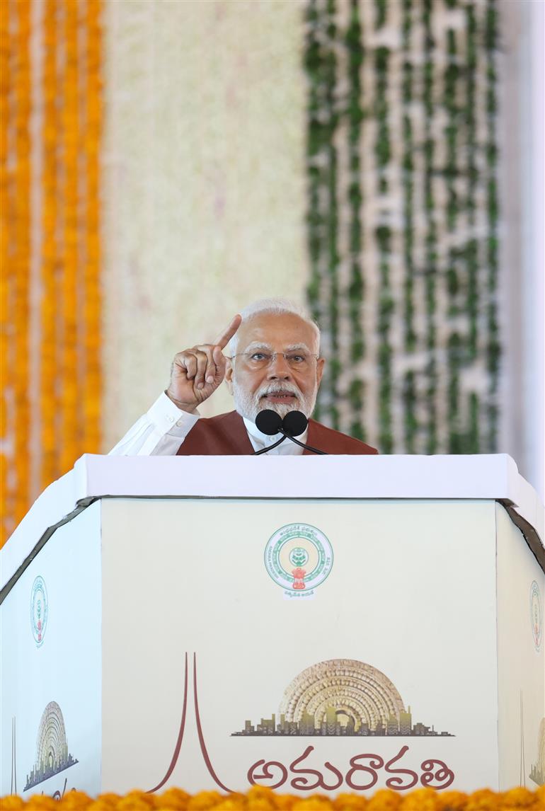 PM addressing at the inauguration, laying foundation stone and dedication to the nation multiple development projects at Amaravati, in Andhra Pradesh on May 02, 2025.