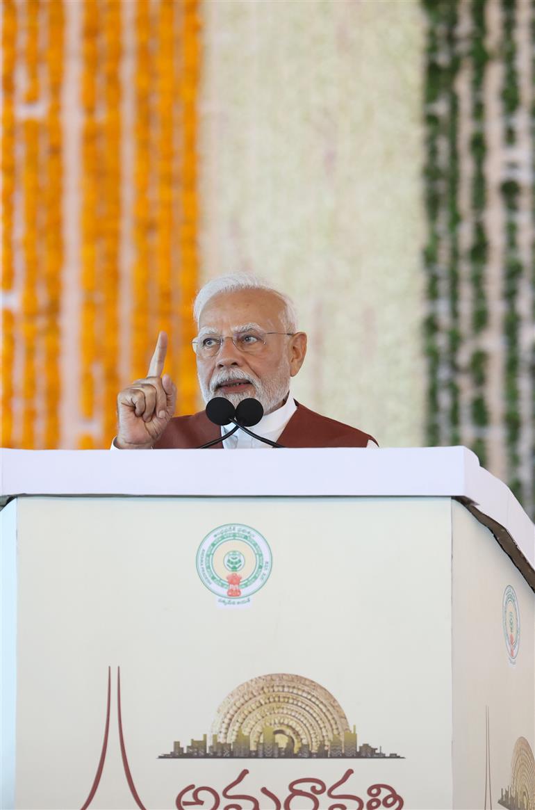 PM addressing at the inauguration, laying foundation stone and dedication to the nation multiple development projects at Amaravati, in Andhra Pradesh on May 02, 2025.