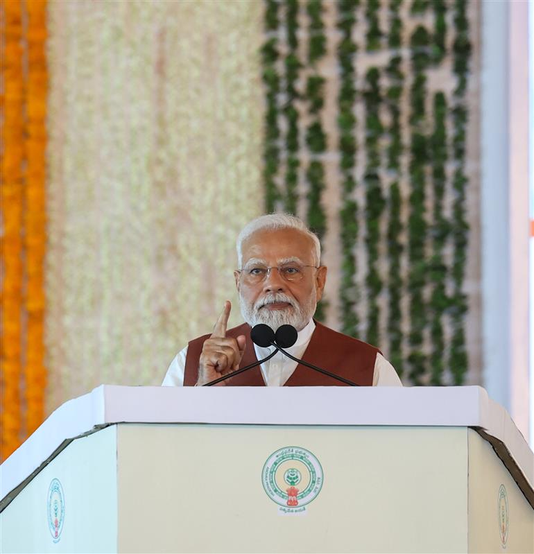 PM addressing at the inauguration, laying foundation stone and dedication to the nation multiple development projects at Amaravati, in Andhra Pradesh on May 02, 2025.