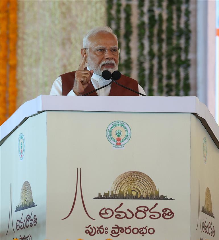 PM addressing at the inauguration, laying foundation stone and dedication to the nation multiple development projects at Amaravati, in Andhra Pradesh on May 02, 2025.