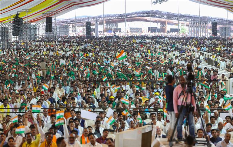 Gathering at the inauguration, laying foundation stone and dedication to the nation multiple development projects at Amaravati, in Andhra Pradesh on May 02, 2025. PM addressing on the occasion.