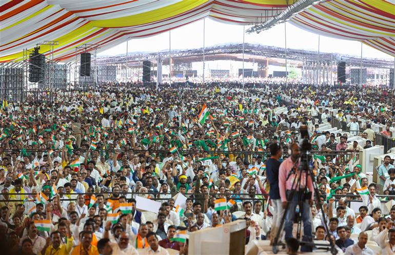 Gathering at the inauguration, laying foundation stone and dedication to the nation multiple development projects at Amaravati, in Andhra Pradesh on May 02, 2025. PM addressing on the occasion.