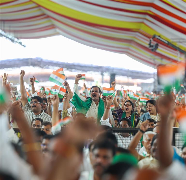 Gathering at the inauguration, laying foundation stone and dedication to the nation multiple development projects at Amaravati, in Andhra Pradesh on May 02, 2025. PM addressing on the occasion.