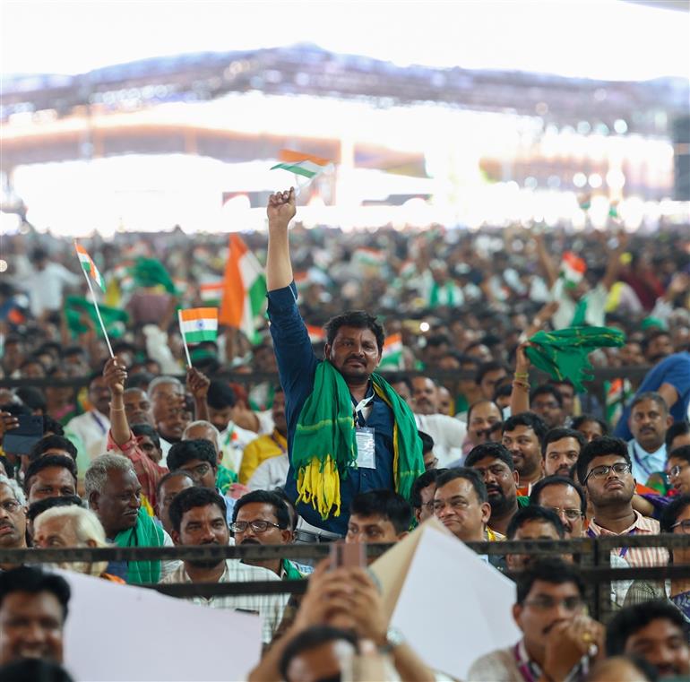 Gathering at the inauguration, laying foundation stone and dedication to the nation multiple development projects at Amaravati, in Andhra Pradesh on May 02, 2025. PM addressing on the occasion.
