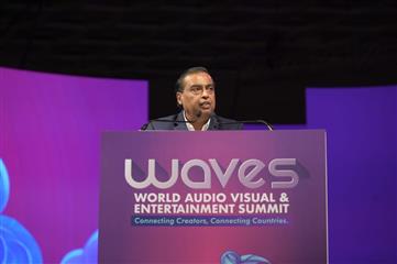 Mukesh Ambani Unveils Vision for India-Led Global Entertainment Revolution at WAVES 2025 at Mumbai, in Maharashtra on May 01, 2025.:Ministry of Information & Broadcasting