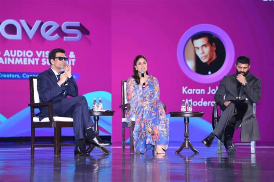 Karan Johar, Kareena Kapoor Khan & Vijay Deverakonda at WAVES, in Mumbai, Maharashtra on May 02, 2025.:Ministry of Information & Broadcasting