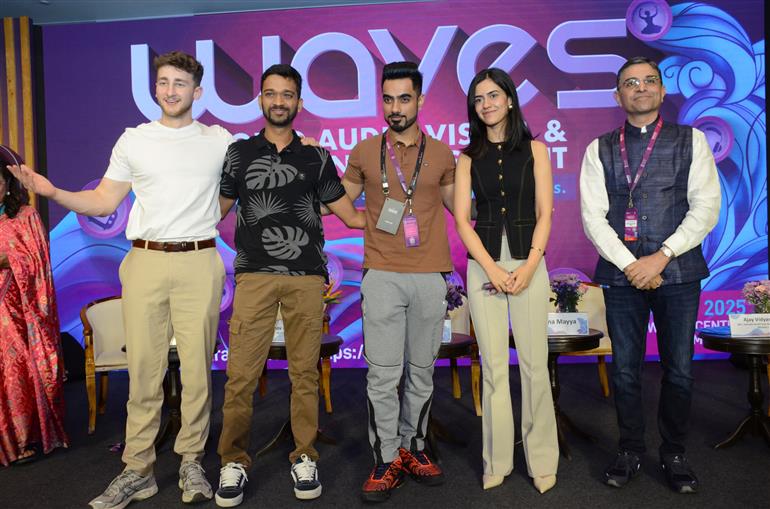 Stage shot of Braum Brandon Max, Unmesh Dinda, Raghav Anil Kumar and Achina Mayya at WAVES-2025, in Mumbai, Maharashtra on May 02, 2025.:Ministry of Information & Broadcasting