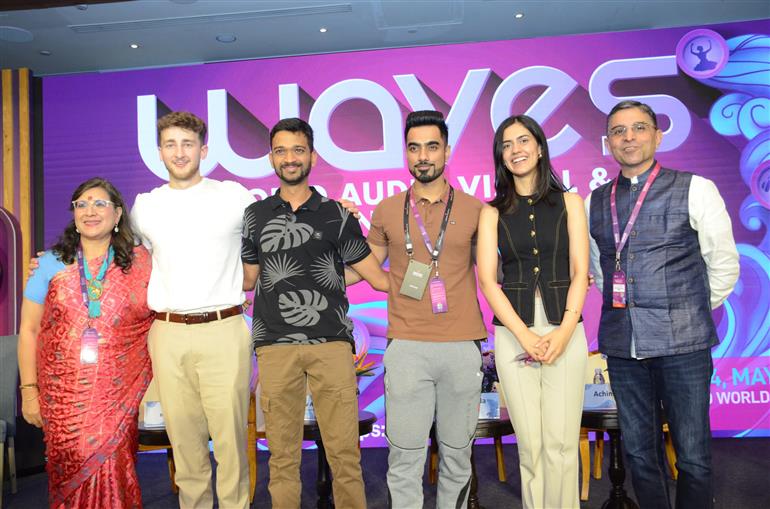 Stage shot of Braum Brandon Max, Unmesh Dinda, Raghav Anil Kumar and Achina Mayya including the moderator at WAVES-2025, in Mumbai, Maharashtra on May 02, 2025.:Ministry of Information & Broadcasting