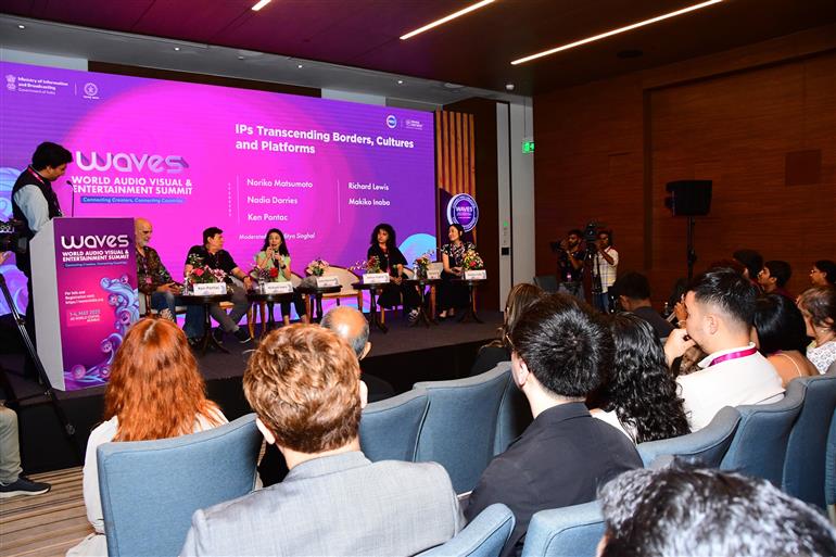 IPs Transcending borders, cultures and platforms ( Norika Matsumoto, Richard Lewis, Makiko Inaba, Nadia Darries & Ken Pontac) at WAVES-2025, in Mumbai, Maharashtra on May 02, 2025.:Ministry of Information & Broadcasting