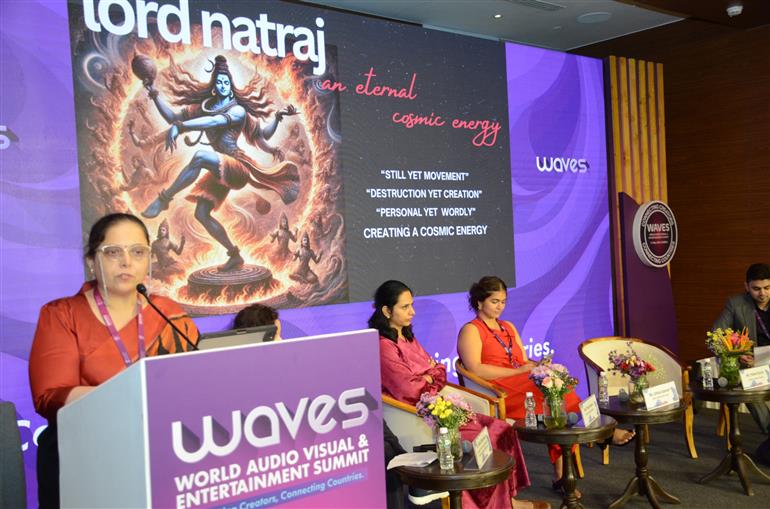 Ananay Jain, Subi Chaturvedi, Uthara Ganesh, Pallavi Gurjar on stage with Media kit at WAVES-2025, in Mumbai, Maharashtra on May 02, 2025.:Ministry of Information & Broadcasting