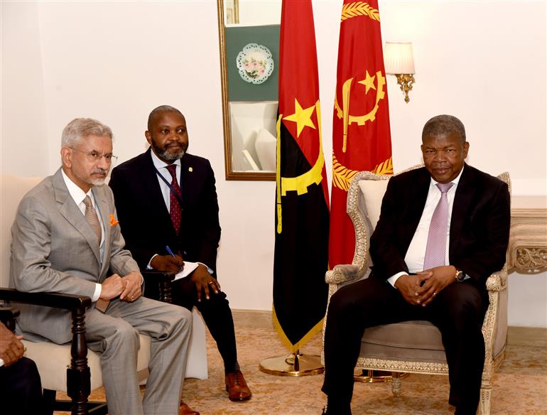 The Union Minister for External Affairs, Dr. Subrahmanyam Jaishankar meets the President of the Republic of Angola, Mr. Joao Manuel Goncalves Lourenco ahead of their bilateral meeting, in New Delhi on May 03, 2025.