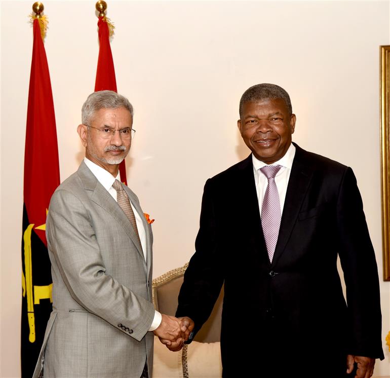 The Union Minister for External Affairs, Dr. Subrahmanyam Jaishankar meets the President of the Republic of Angola, Mr. Joao Manuel Goncalves Lourenco ahead of their bilateral meeting, in New Delhi on May 03, 2025.