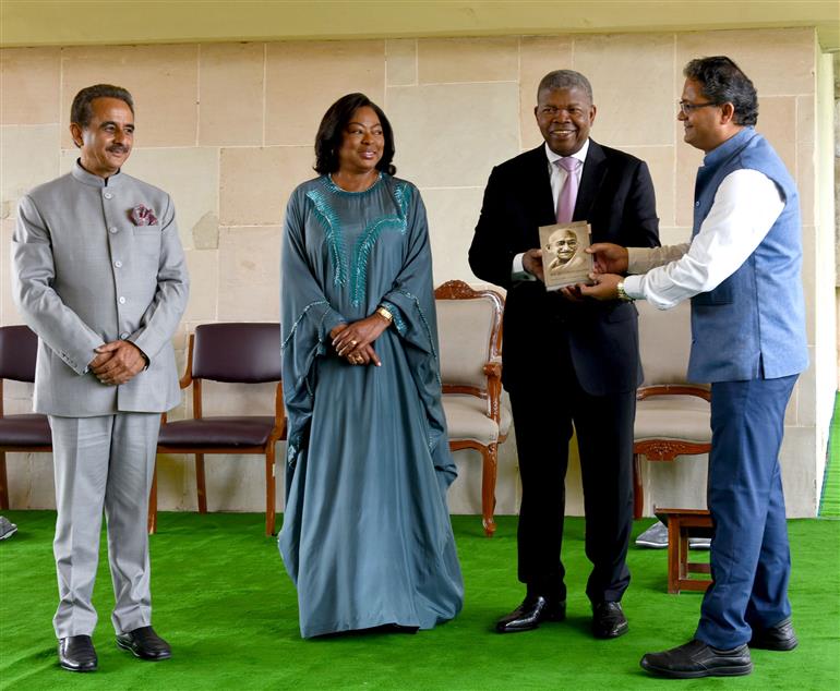 The President of the Republic of Angola, Mr. Joao Manuel Goncalves Lourenco visits Samadhi of Mahatma Gandhi at Rajghat, in Delhi on May 03, 2025.