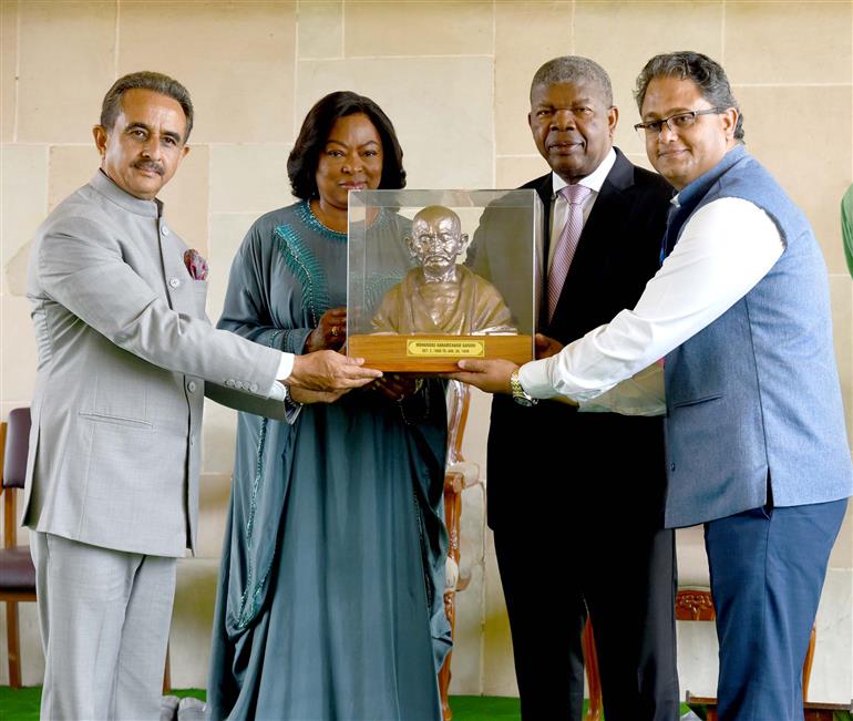 The President of the Republic of Angola, Mr. Joao Manuel Goncalves Lourenco visits Samadhi of Mahatma Gandhi at Rajghat, in Delhi on May 03, 2025.