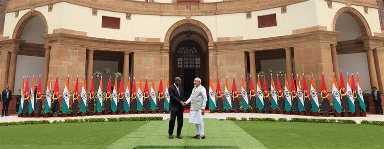 PM meets the President of the Republic of Angola, Mr. Joao Manuel Goncalves Lourenco at Hyderabad House, in New Delhi on May 03, 2025.