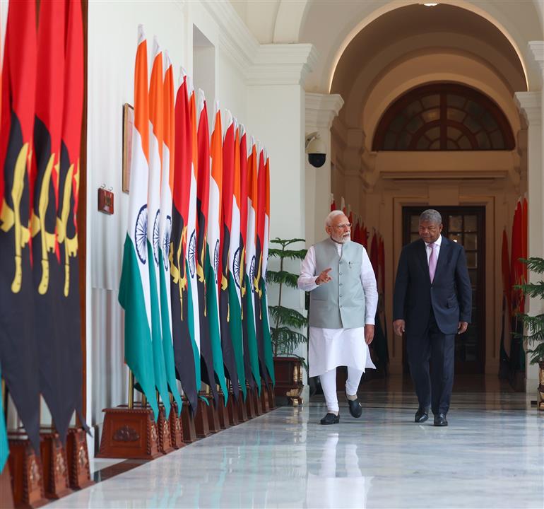 PM meets the President of the Republic of Angola, Mr. Joao Manuel Goncalves Lourenco at Hyderabad House, in New Delhi on May 03, 2025.