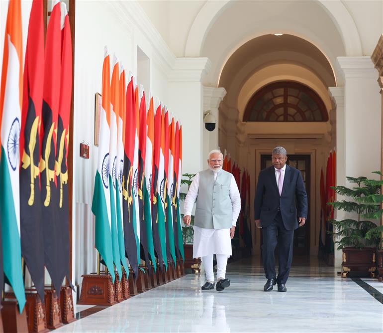 PM meets the President of the Republic of Angola, Mr. Joao Manuel Goncalves Lourenco at Hyderabad House, in New Delhi on May 03, 2025.