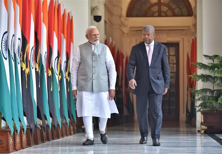 PM meets the President of the Republic of Angola, Mr. Joao Manuel Goncalves Lourenco at Hyderabad House, in New Delhi on May 03, 2025.