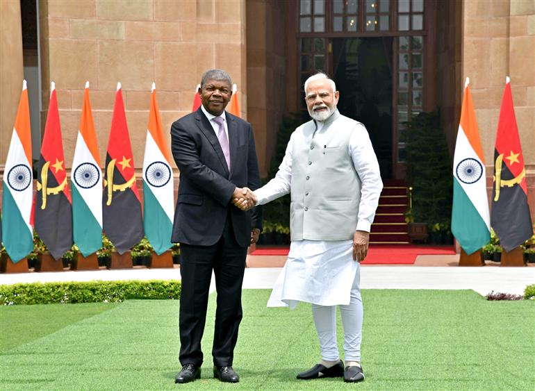 PM meets the President of the Republic of Angola, Mr. Joao Manuel Goncalves Lourenco at Hyderabad House, in New Delhi on May 03, 2025.