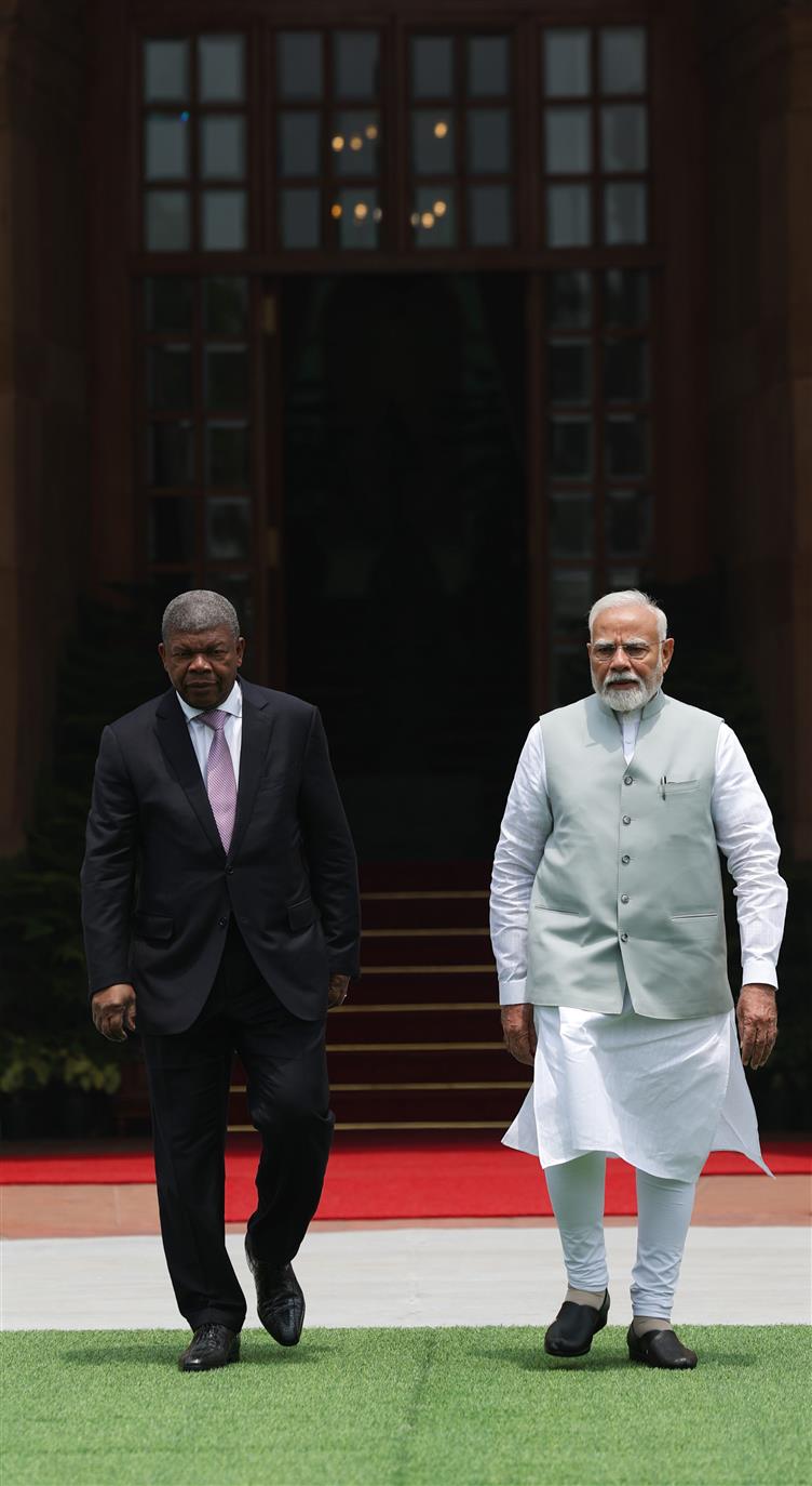 PM meets the President of the Republic of Angola, Mr. Joao Manuel Goncalves Lourenco at Hyderabad House, in New Delhi on May 03, 2025.