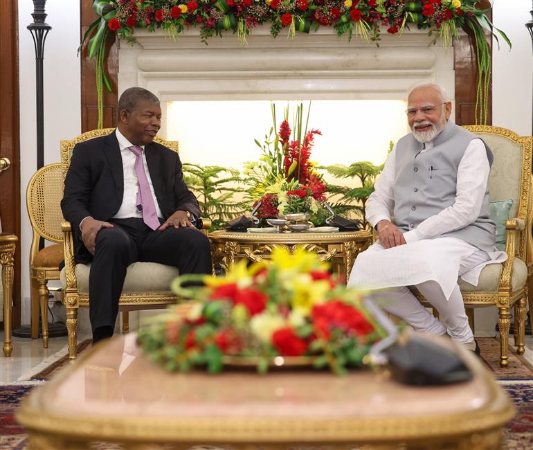 PM meets the President of the Republic of Angola, Mr. Joao Manuel Goncalves Lourenco at Hyderabad House, in New Delhi on May 03, 2025.