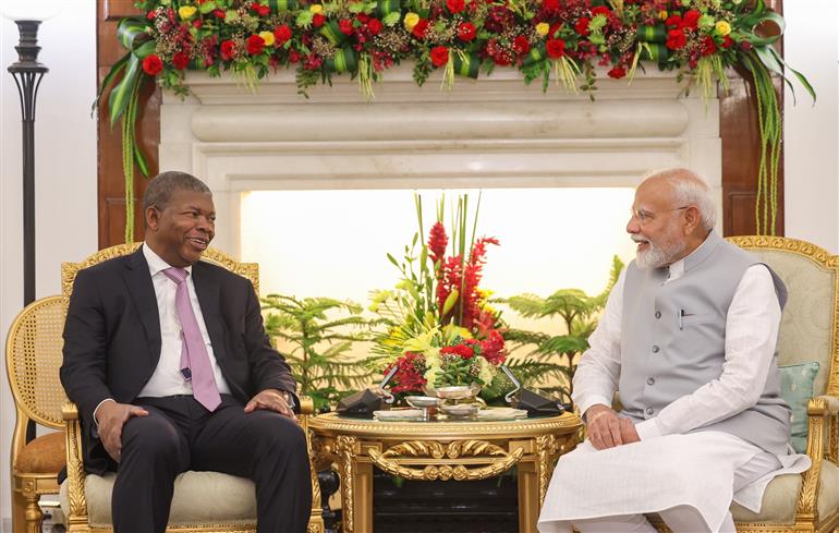 PM meets the President of the Republic of Angola, Mr. Joao Manuel Goncalves Lourenco at Hyderabad House, in New Delhi on May 03, 2025.