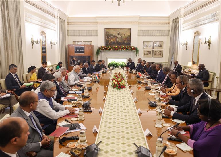 PM attends delegation level talks with the President of the Republic of Angola, Mr. Joao Manuel Goncalves Lourenco at Hyderabad House, in New Delhi on May 03, 2025.