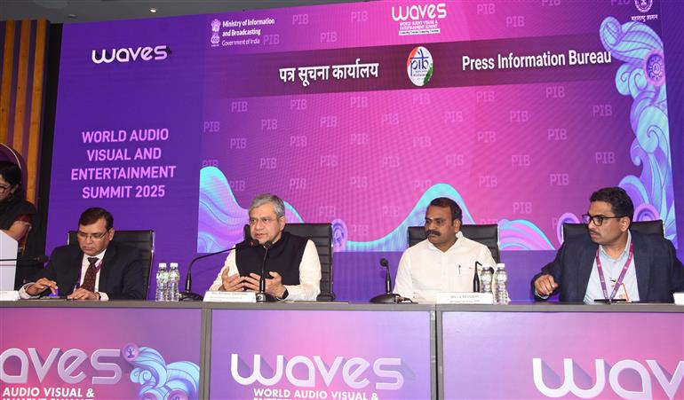 The Union Minister of Information and Broadcasting Mr. Ashwini Vaishnaw addressing WAVE Summit 2025, in Mumbai, Maharashtra on May 03, 2025.:Ministry of Information & Broadcasting