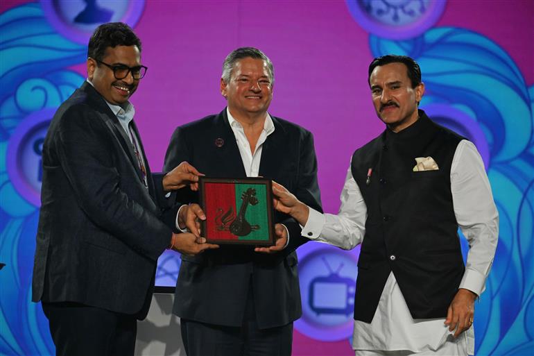 Ted Sarandos, Co-CEO of Netflix and actor Saif Ali Khan praised WAVES as a platform that amplifies the creative synergy between global and Indian storytellers during the conversation on the theme ‘Streaming the New India: Culture, Connectivity and Creative Capital’ at WAVES 2025, in Mumbai, Maharashtra on May 03, 2025.:Ministry of Information & Broadcasting