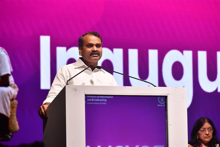 The Minister of State for Information and Broadcasting and Parliamentary Affairs, Dr. L. Murugan delivering inaugural addressing at 8th National Community Radio Conference at WAVES2025, in Mumbai, Maharashtra on May 03, 2025.:Ministry of Information & Broadcasting