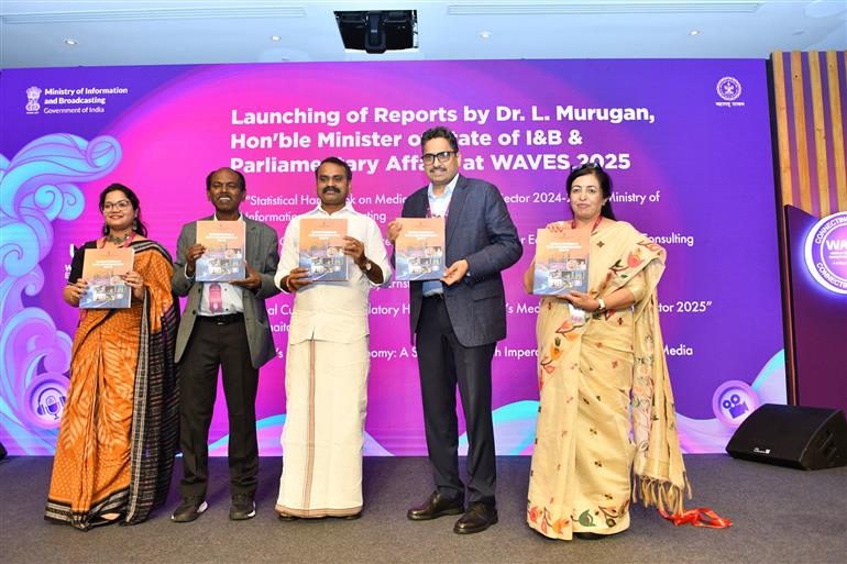 The Minister of State for Information and Broadcasting and Parliamentary Affairs, Dr. L. Murugan launched Five reports including statistical handbook on Media and Entertainment Sector 2024-2025 at WAVES 2025, in Mumbai, Maharashtra on May 03, 2025. :Ministry of Information & Broadcasting
