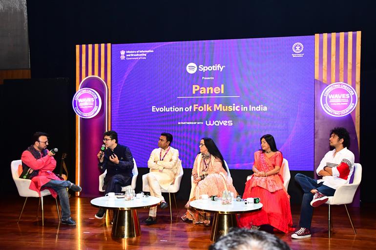 Panelist Ila Arun, Nandesh Umap and others discuss how Indian folk music continues to thrive as a living, collective tradition and, advocate preserving its soul while adapting it to contemporary cultural landscapes in the session of Spotify house: influence of sufi, folk and Ghazal into popular music and film music at WAVES 2025, in Mumbai, Maharashtra on May 03, 2025. :Ministry of Information & Broadcasting