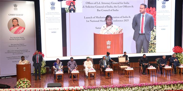 The President of India, Smt. Droupadi Murmu addressing at the launch of the Mediation Association of India & 1st National Mediation Conference 2025, in New Delhi on May 03, 2025.