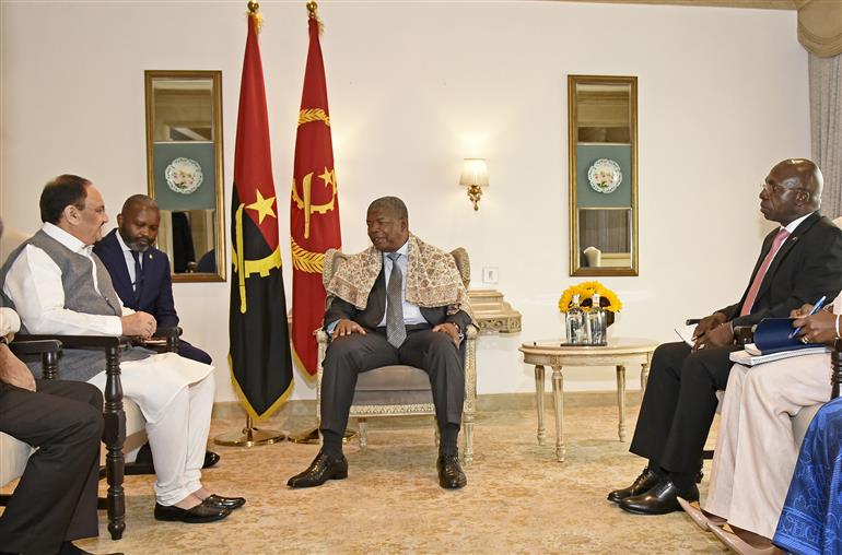 The Union Minister of Health and Family Welfare & Chemicals and Fertilizers, Shri Jagat Prakash Nadda meets the President of the Republic of Angola, Mr. Joao Manuel Goncalves Lourenco, in New Delhi on May 04, 2025.
