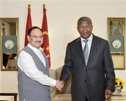 The Union Minister of Health and Family Welfare & Chemicals and Fertilizers, Shri Jagat Prakash Nadda meets the President of the Republic of Angola, Mr. Joao Manuel Goncalves Lourenco, in New Delhi on May 04, 2025.