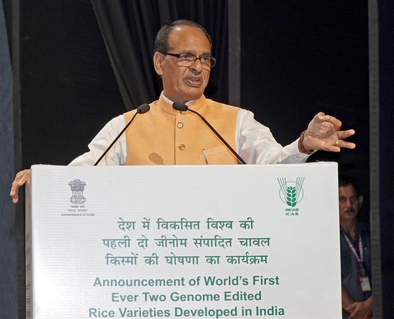 The Union Minister of Agriculture and Farmers Welfare and Rural Development, Shri Shivraj Singh Chouhan addressing at the “Release event of world’s first ever two genome-edited rice varieties - developed in India” at Bharat Ratna C. Subramaniam Auditorium, in New Delhi on May 04, 2025.