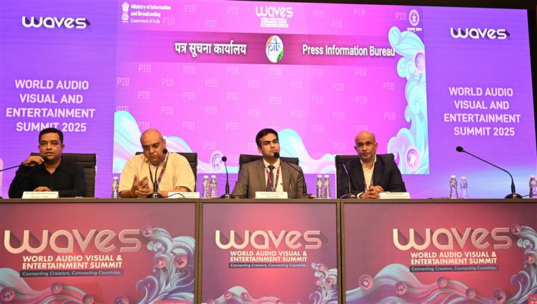 Shri Mustafa Harnesswala, Founder (Cabil), Shri Sandeep Jhingran, Chief  Growth Officer (IMAI), Shri Ashutosh Mohle, Joint Director (MIB) and Shri Rajesh Joshi ,Venture Partner, Warmup Ventures addressing at WAVES 2025 in Mumbai, Maharashtra on May 04, 2025.