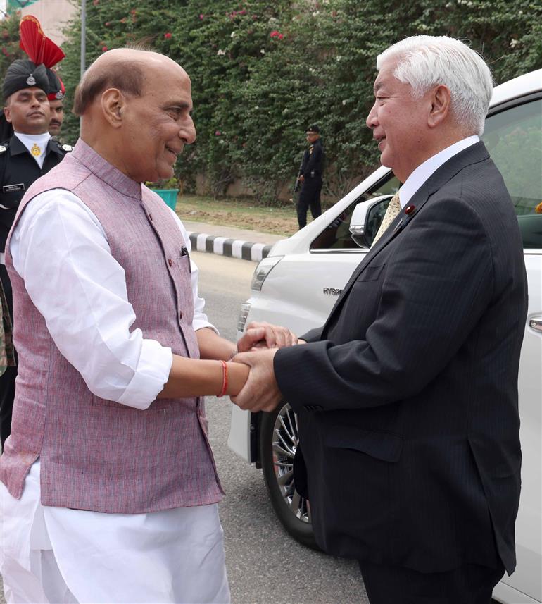 The Union Minister for Defence, Shri Rajnath Singh receiving Japan’s Minister of Defense Mr Gen Nakatani ahead of India-Japan Defence Ministerial meeting at Manekshaw Centre, in Delhi Cantt on May 05, 2025.