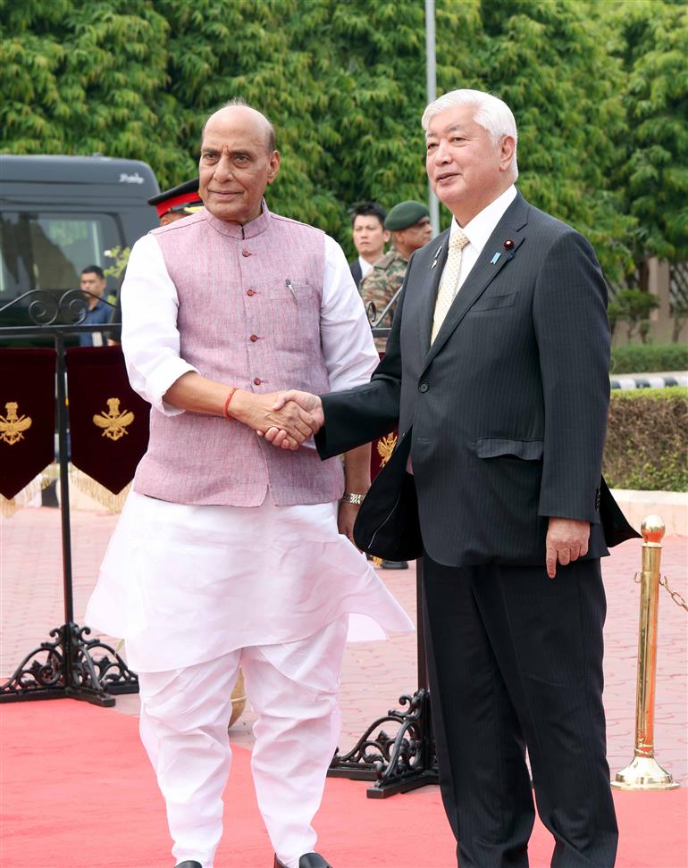 The Union Minister for Defence, Shri Rajnath Singh receiving Japan’s Minister of Defense Mr Gen Nakatani ahead of India-Japan Defence Ministerial meeting at Manekshaw Centre, in Delhi Cantt on May 05, 2025.