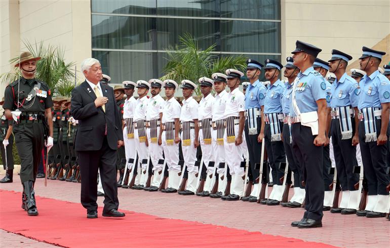 Japan’s Minister of Defense Mr Gen Nakatani inspecting the Ceremonial Guard of Honour at Manekshaw Centre, in Delhi Cantt on May 05, 2025.