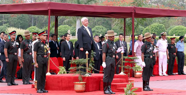 Japan’s Minister of Defense Mr Gen Nakatani inspecting the Ceremonial Guard of Honour at Manekshaw Centre, in Delhi Cantt on May 05, 2025.