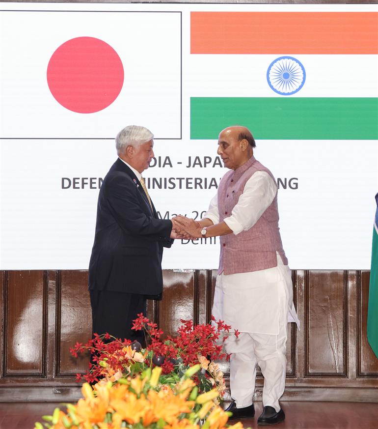 The Union Minister for Defence, Shri Rajnath Singh holds a bilateral meeting with the Minister of Defense of Japan Mr Gen Nakatani at Manekshaw Centre, in New Delhi on May 05, 2025.