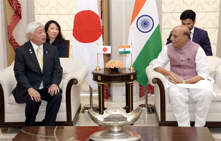 The Union Minister for Defence, Shri Rajnath Singh holds a bilateral meeting with the Minister of Defense of Japan Mr Gen Nakatani at Manekshaw Centre, in New Delhi on May 05, 2025.