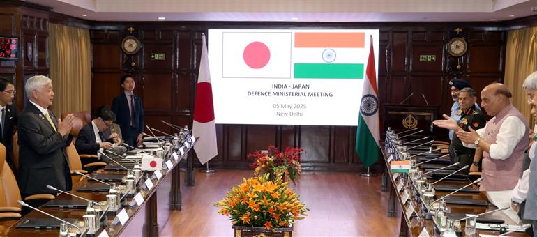 The Union Minister for Defence, Shri Rajnath Singh holds a bilateral meeting with the Minister of Defense of Japan Mr Gen Nakatani at Manekshaw Centre, in New Delhi on May 05, 2025.