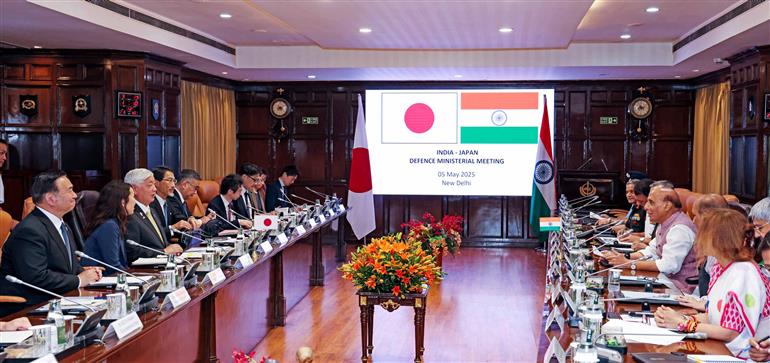 The Union Minister for Defence, Shri Rajnath Singh holds a bilateral meeting with the Minister of Defense of Japan Mr Gen Nakatani at Manekshaw Centre, in New Delhi on May 05, 2025.