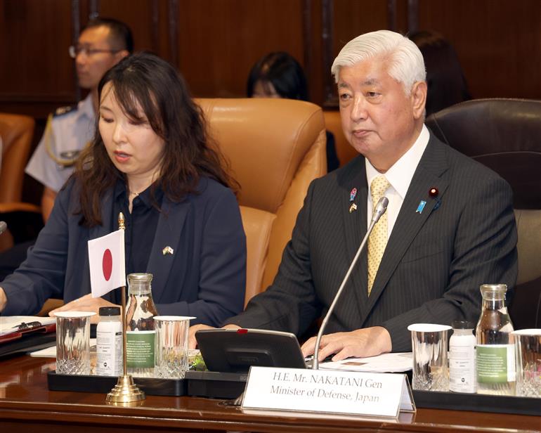 The Union Minister for Defence, Shri Rajnath Singh holds a bilateral meeting with the Minister of Defense of Japan Mr Gen Nakatani at Manekshaw Centre, in New Delhi on May 05, 2025.