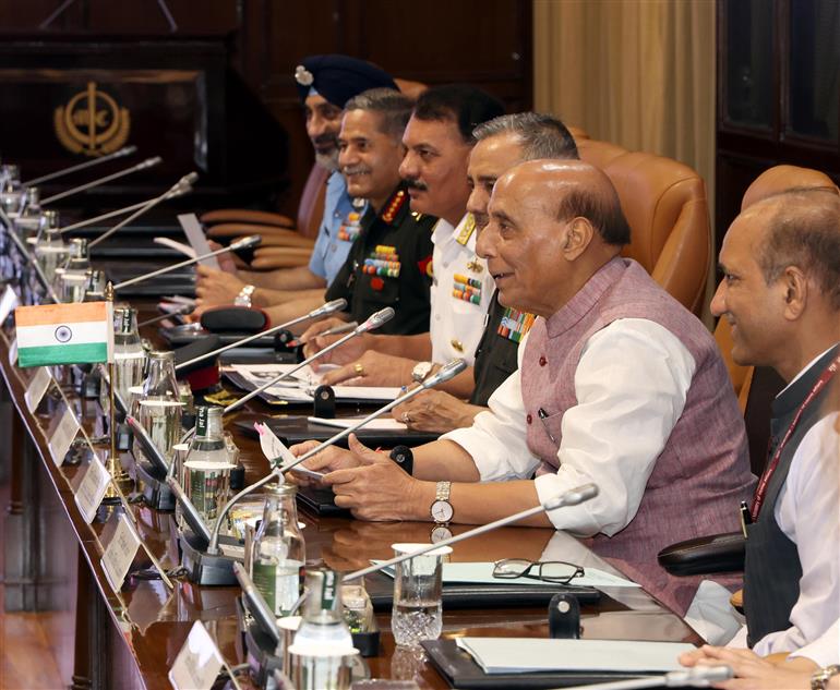 The Union Minister for Defence, Shri Rajnath Singh holds a bilateral meeting with the Minister of Defense of Japan Mr Gen Nakatani at Manekshaw Centre, in New Delhi on May 05, 2025.
