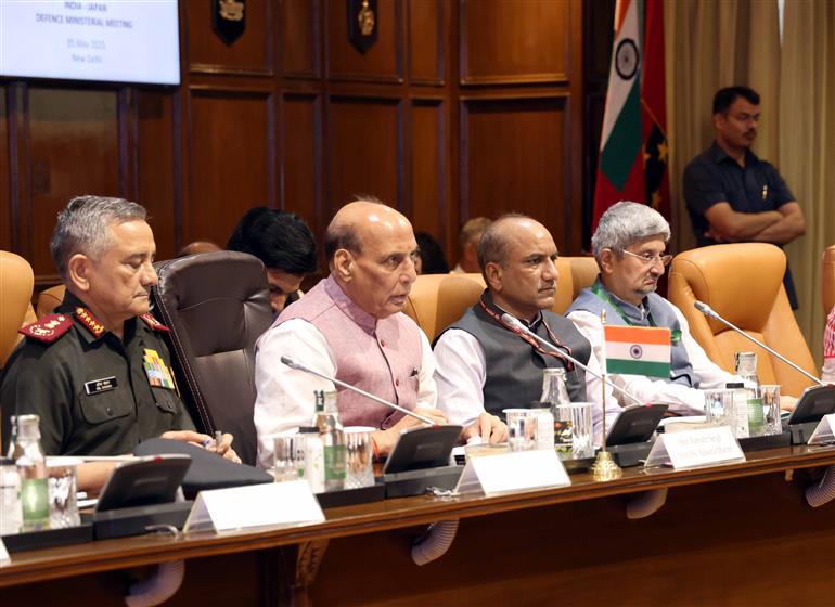 The Union Minister for Defence, Shri Rajnath Singh holds a bilateral meeting with the Minister of Defense of Japan Mr Gen Nakatani at Manekshaw Centre, in New Delhi on May 05, 2025.