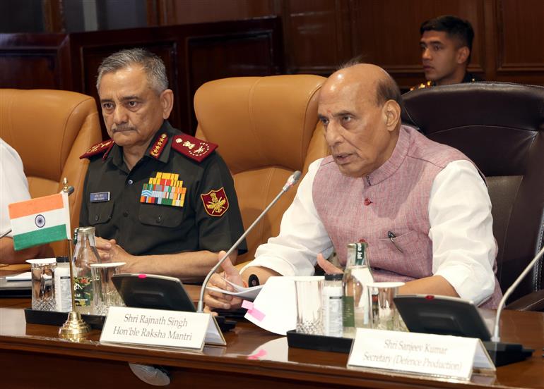 The Union Minister for Defence, Shri Rajnath Singh holds a bilateral meeting with the Minister of Defense of Japan Mr Gen Nakatani at Manekshaw Centre, in New Delhi on May 05, 2025.