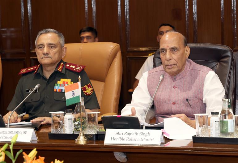 The Union Minister for Defence, Shri Rajnath Singh holds a bilateral meeting with the Minister of Defense of Japan Mr Gen Nakatani at Manekshaw Centre, in New Delhi on May 05, 2025.
